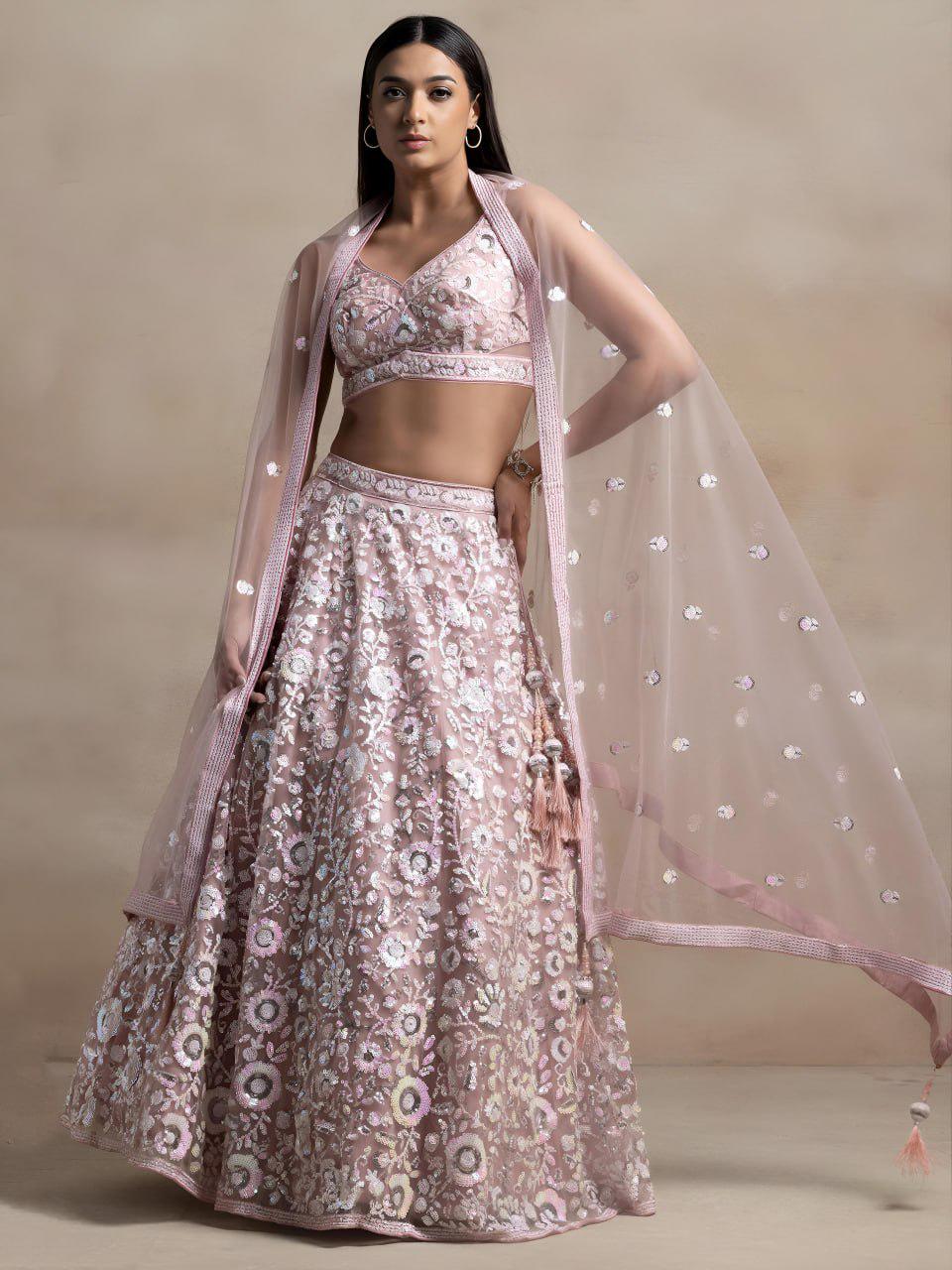 Soft Pink Floral Embroidered Lehenga Choli Set | Sequins Party Wear Dupatta