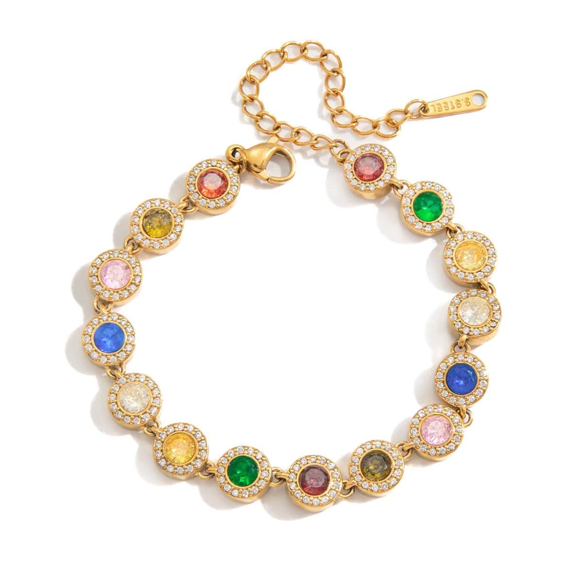 Rainbow Crystal Tennis Bracelet, Gold Stainless Steel, Waterproof Jewelry