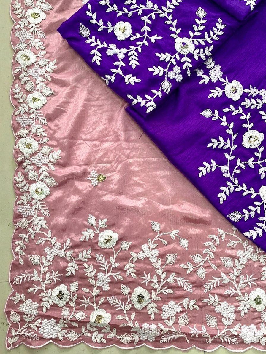 Pure Chinon Silk Saree | Cutwork Border, Heavy Embroidery Blouse Piece