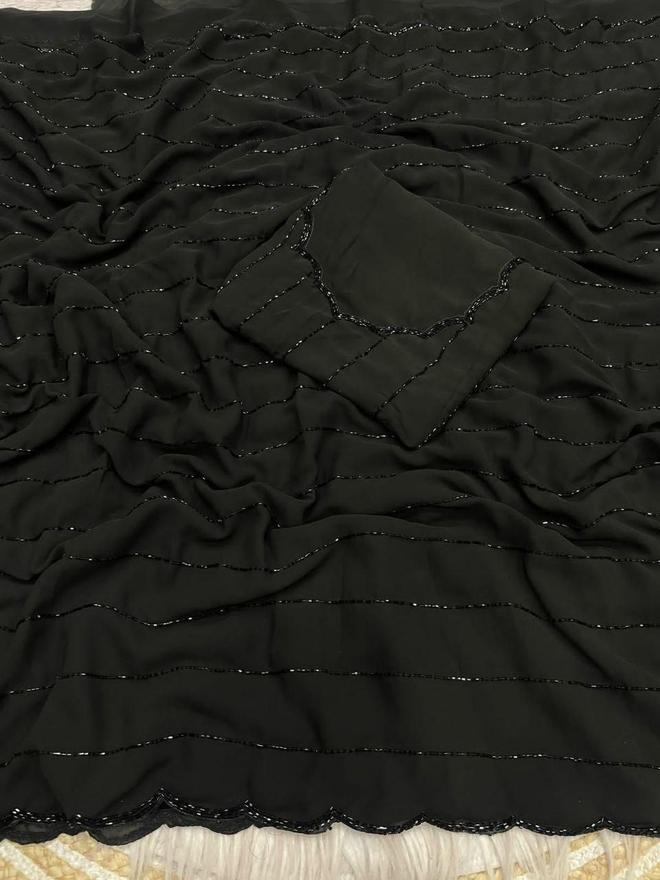 Black Crepe Saree, Printed Design, Party Wear, Festive Occasion, Unstitched Blouse