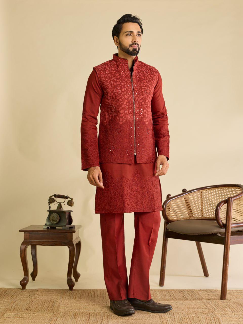 Art Silk Kurta Koti Set | Real Mirror Multi Thread Embroidery Wedding Outfit