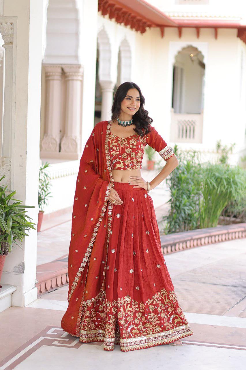 Vichitra Silk Lehenga Choli, Sequins Thread Embroidery, 4 Meter Flare Wedding Set