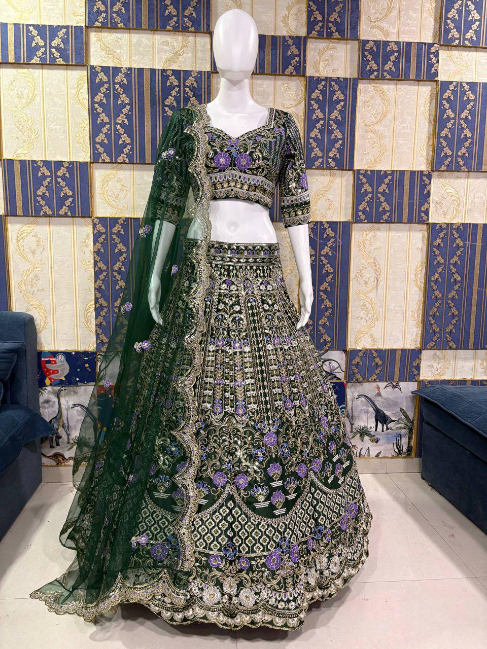 Mono Satin Silk Lehenga Choli, Sequins Cut Work, Butterfly Net Dupatta, Wedding Party Wear