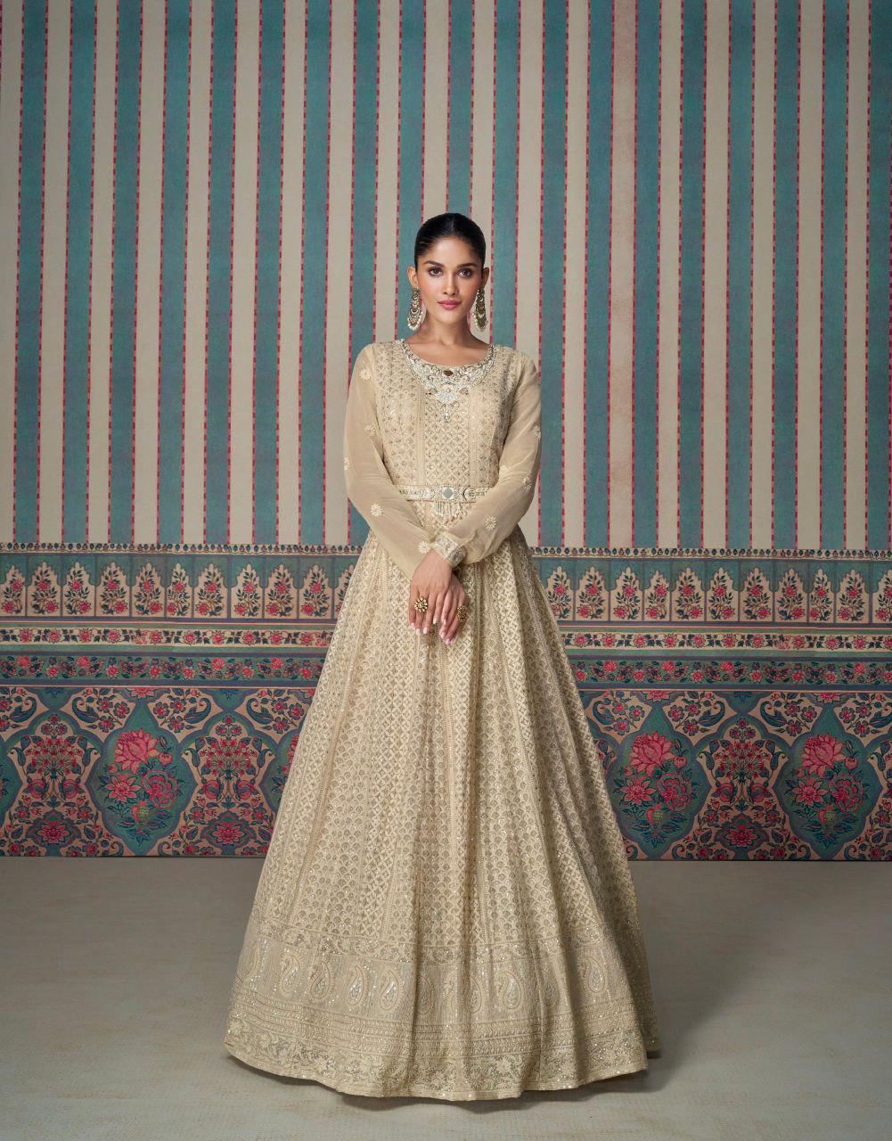 Cream Embroidered Faux Georgette Gown with Dupatta, Festive Party Wear Indian Dress