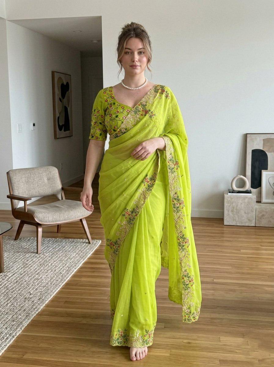 Zimmy Chu Silk Saree, Embroidered Butta, Cutwork Border, Wedding Designer Saree, Mono Banglory Blouse