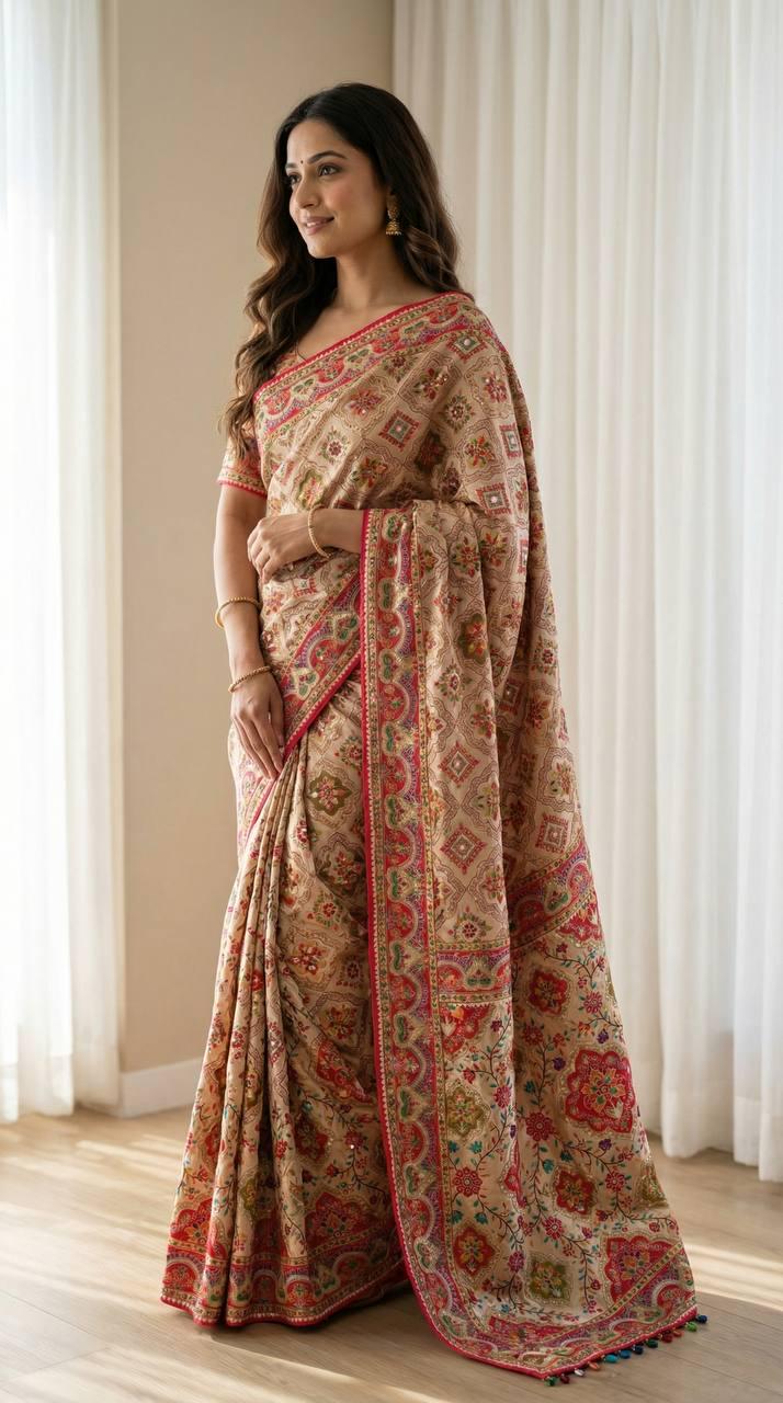 Roman Silk Ajrakh Saree, Real Mirror Work, Festive Wedding Wear, Ethnic Designer Sari