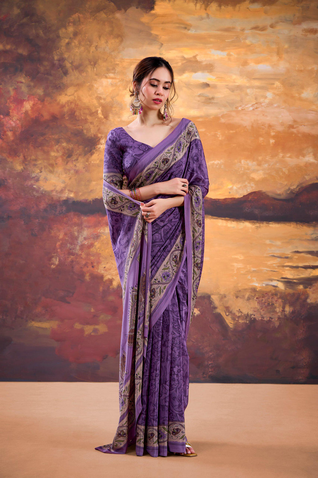 Crepe Printed Saree with Unstitched Blouse, Lightweight Festive Party Wear