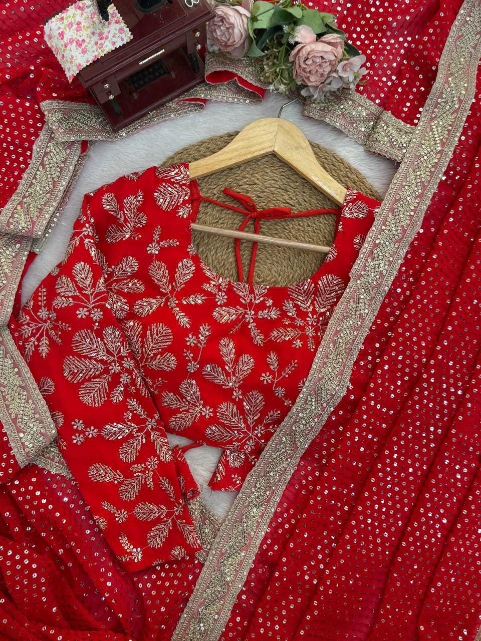 Red Faux Georgette Saree, Sequins Embroidery, Designer Party Wear, Wedding (Unstitched Blouse)