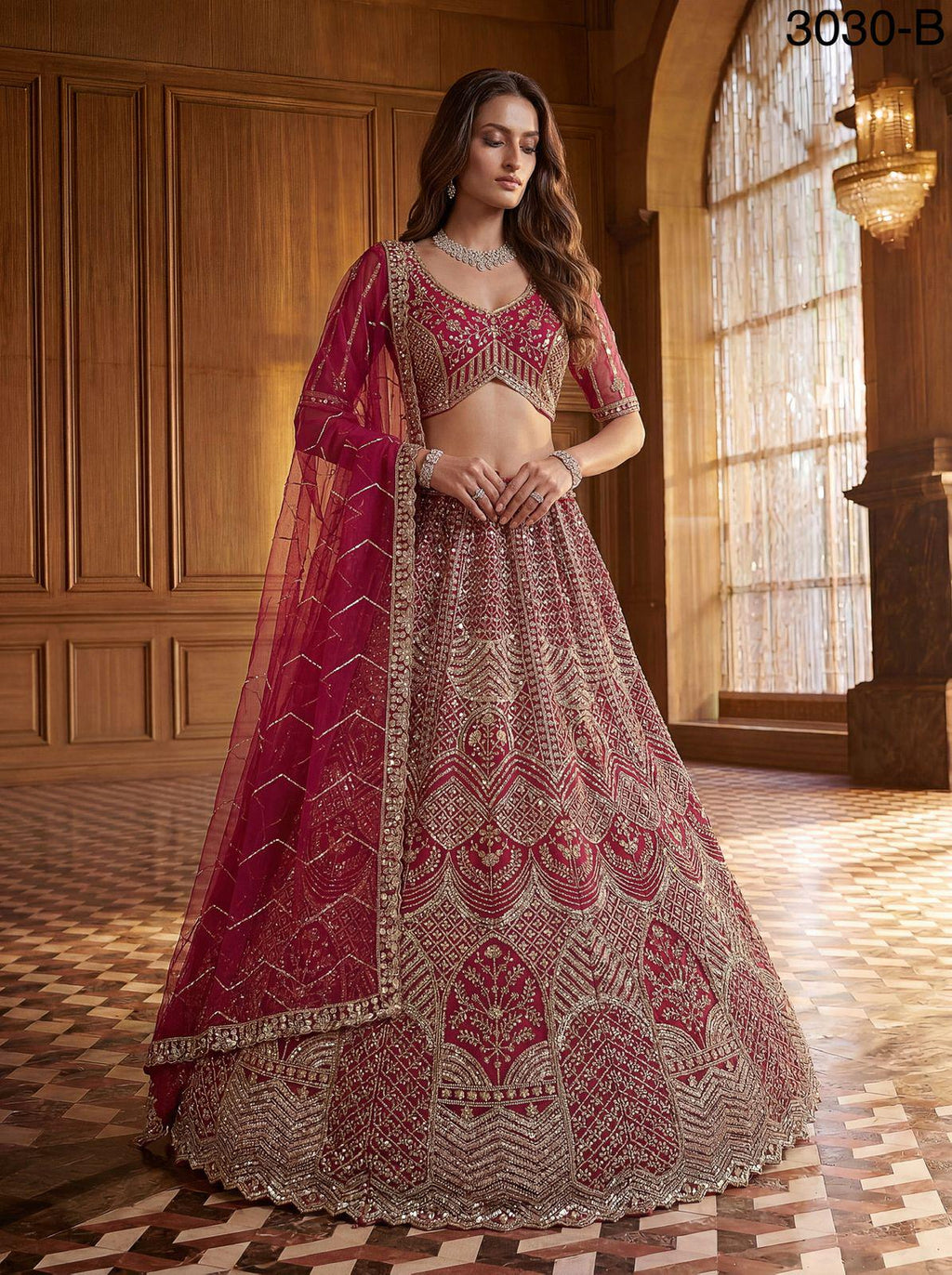 Designer Bridal Net Lehenga Choli, Crystal Sequin Motif Work, Wedding Wear Set