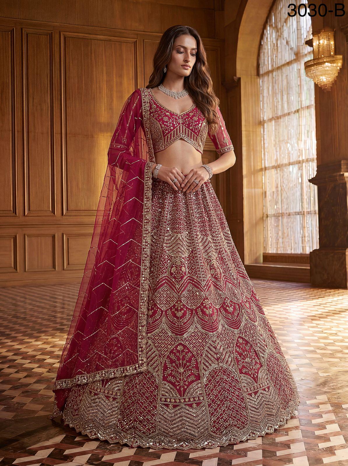 Designer Bridal Net Lehenga Choli, Crystal Sequin Motif Work, Wedding Wear Set