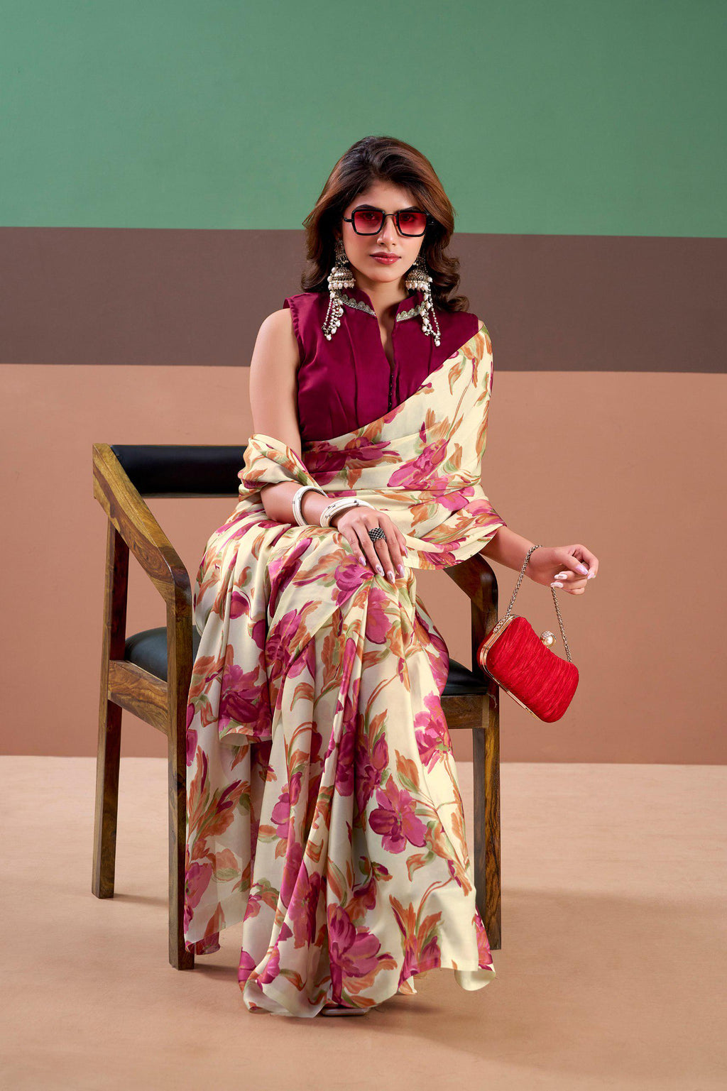 Satin Silk Floral Saree with Stitched Natural Silk Blouse, Indian Festive Party Wear