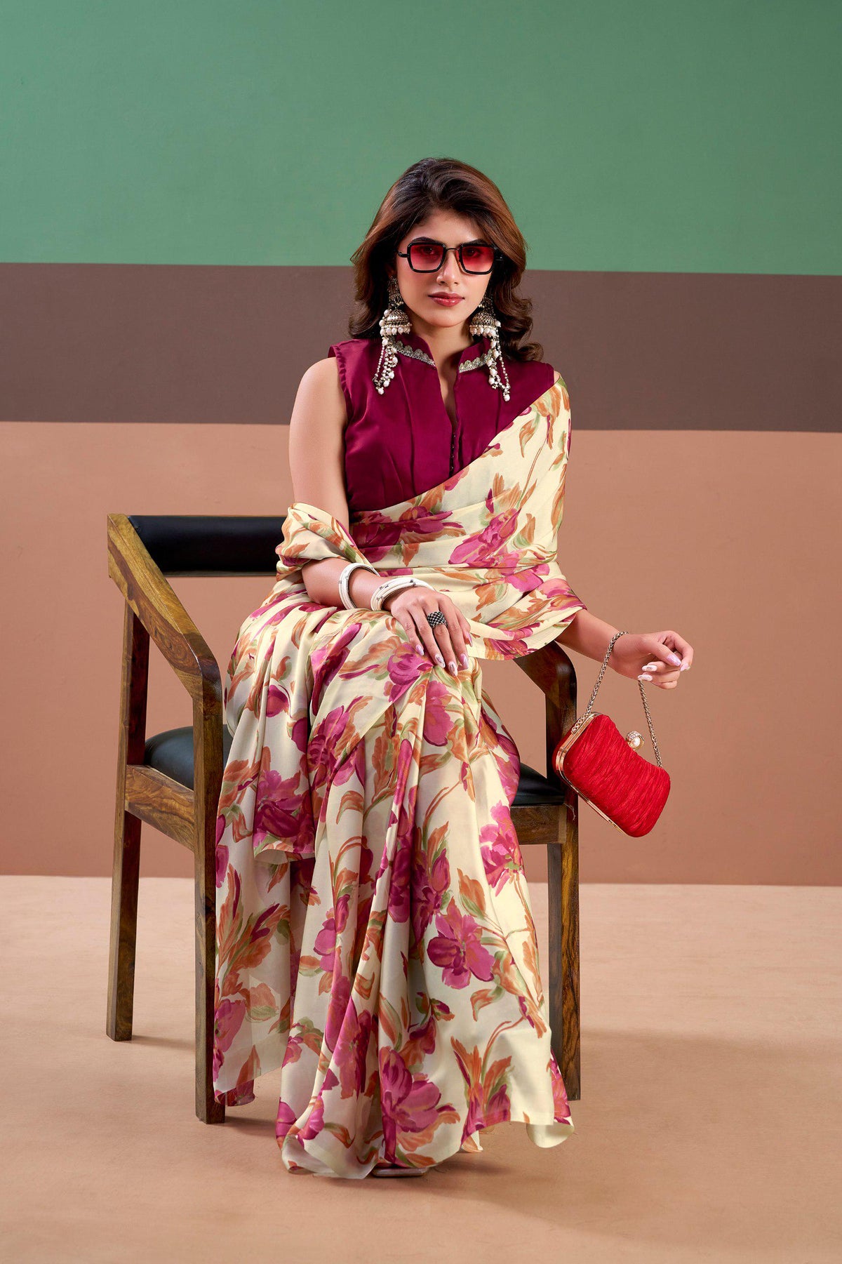 Satin Silk Floral Saree with Stitched Natural Silk Blouse, Indian Festive Party Wear