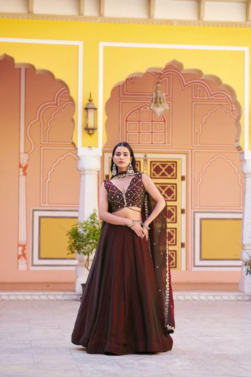 Fendi Fabric Lehenga Choli Set | Sequins, Thread Embroidery, 4 Meter Flair, Party Wear
