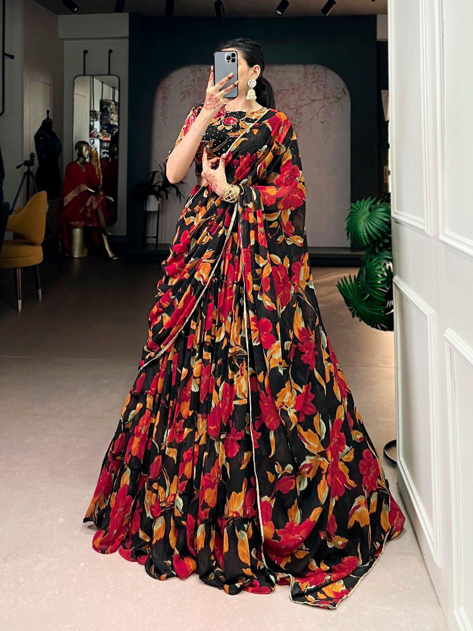 Floral Marble Lehenga Set, Lace Border Dupatta, 12 Meter Flair, Wedding Wear