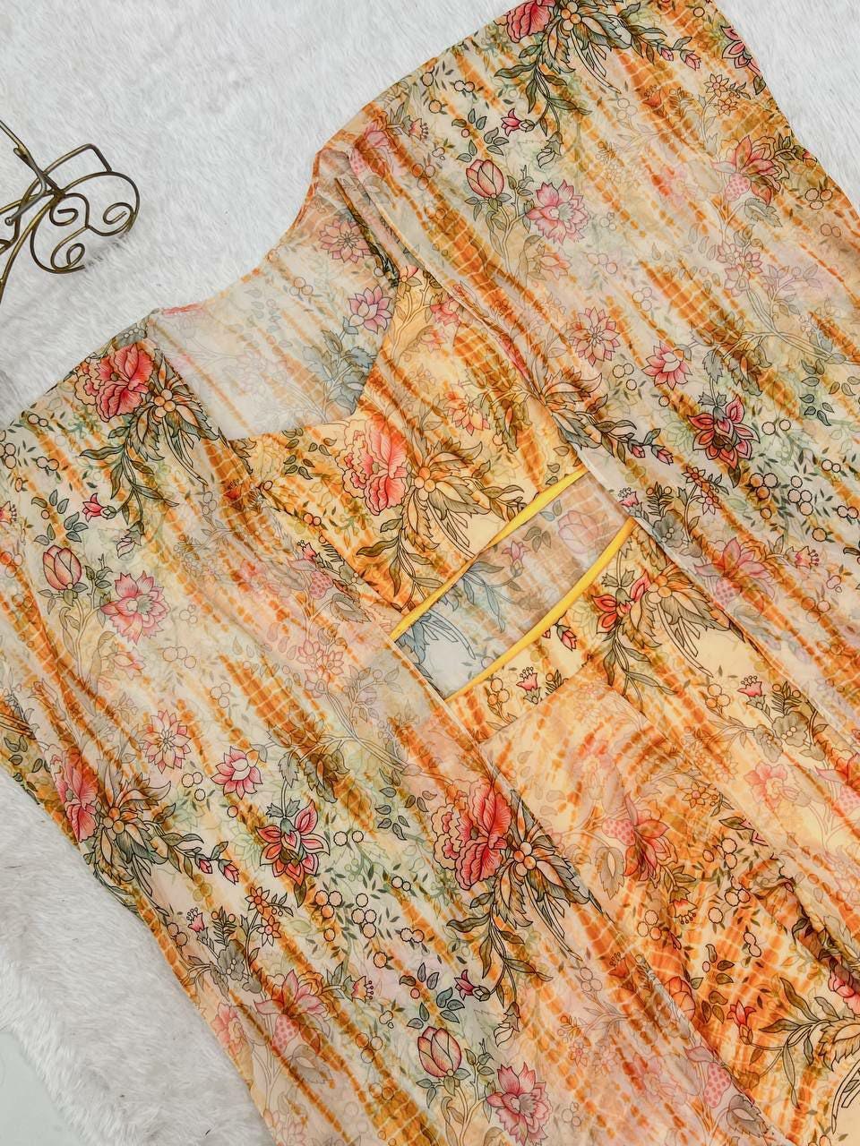 Floral Print Shrug Set, Crop Top Palazzo Co Ord, Fox Georgette Ethnic Outfit