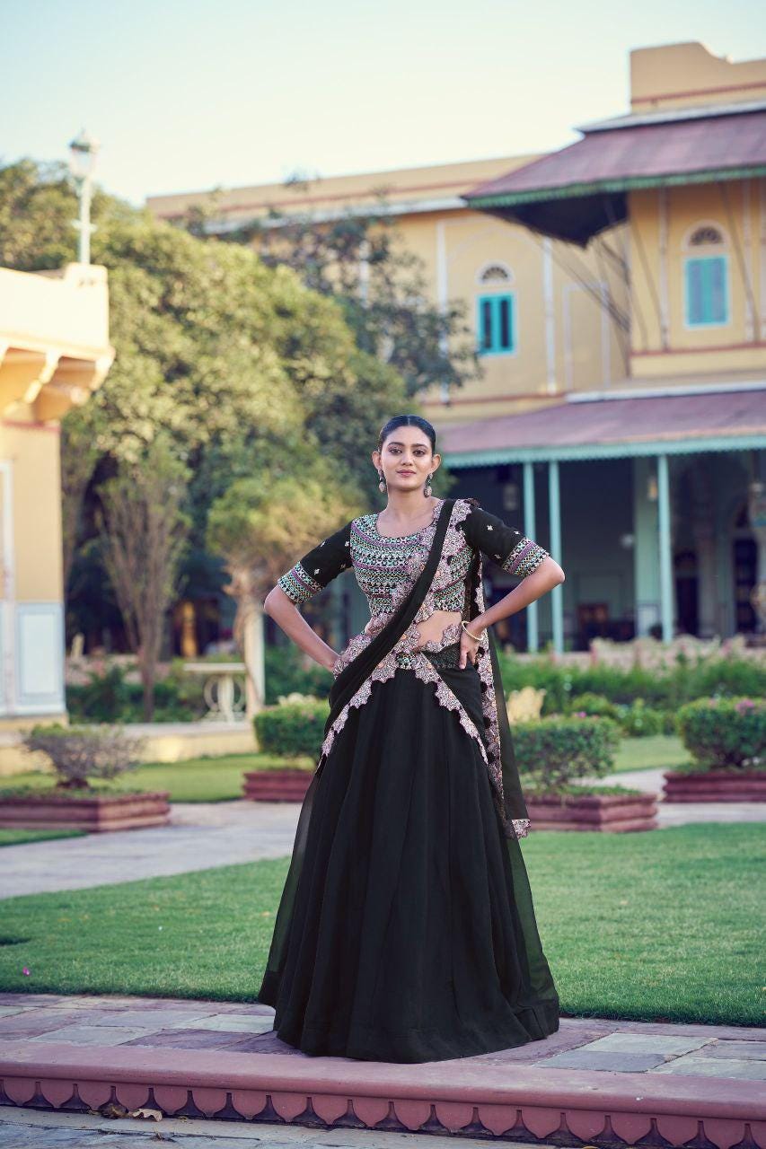 Aurum Georgette Lehenga Choli | Thread Sequins Embroidery, 5 Meter Flare, Floral Dupatta