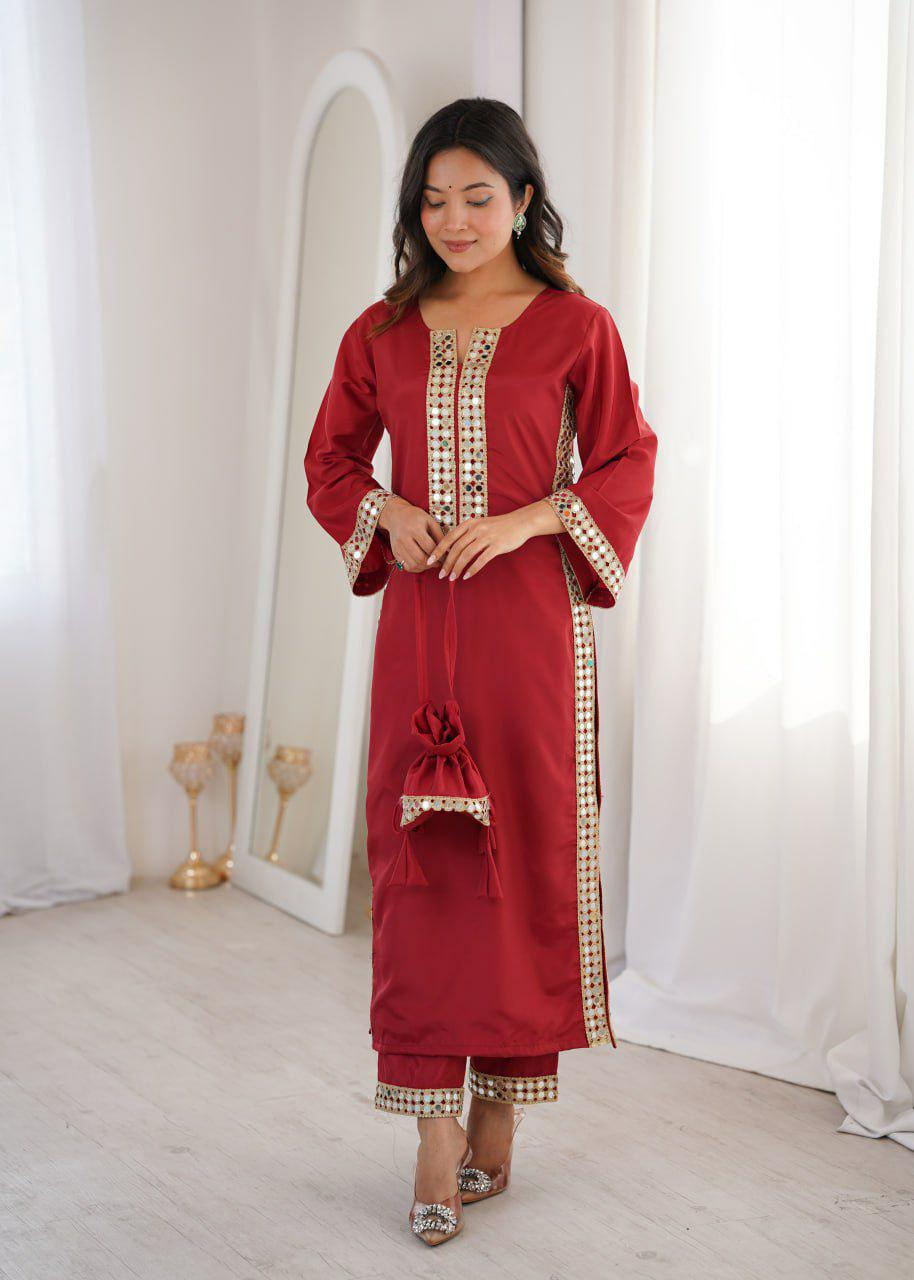 Mirror Work Kurti Pant Set with Batwa Bag, Natural Crepe Ethnic Outfit