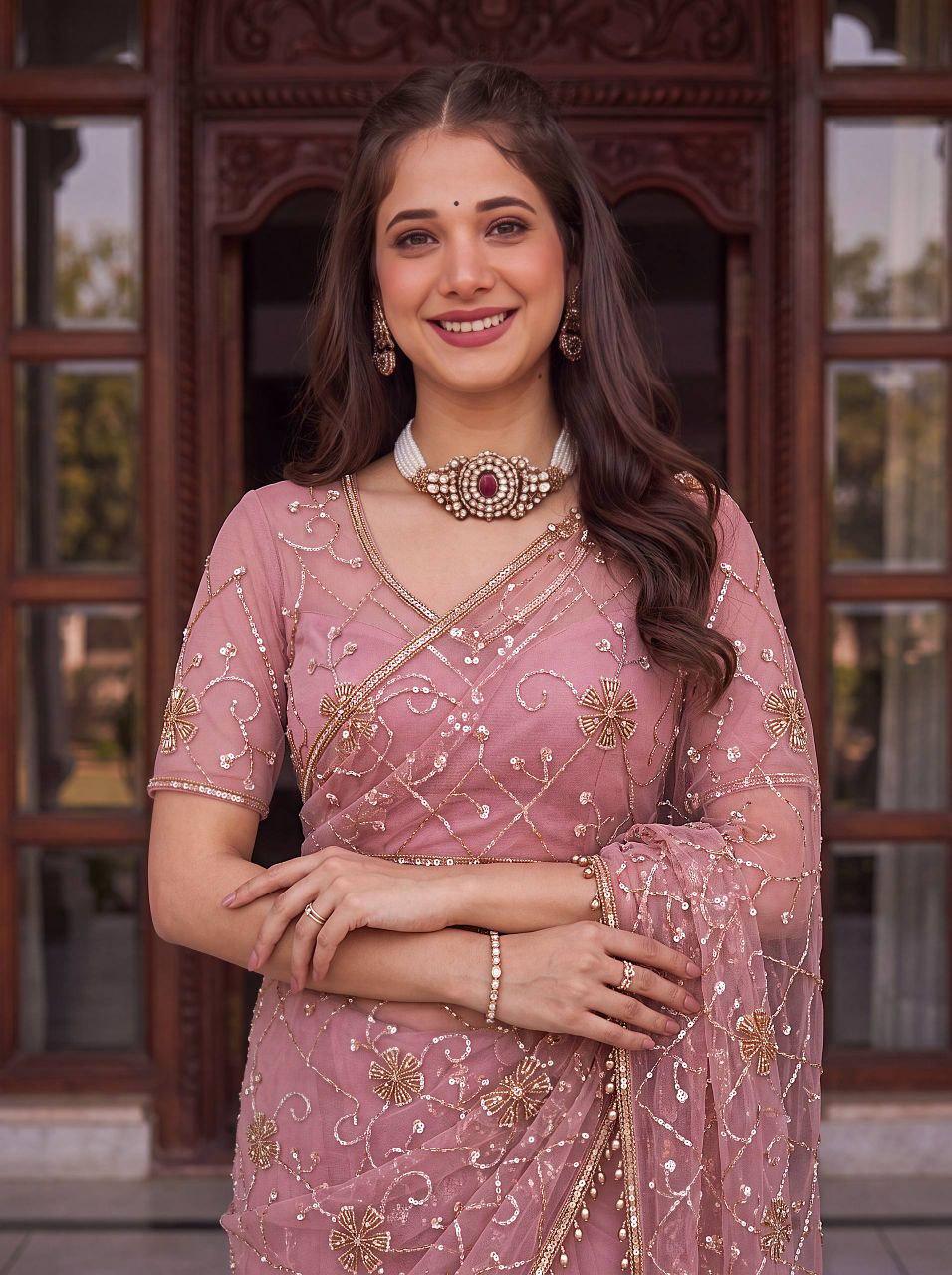 Designer Net Saree | Beads, Pearls, Sequins Embroidery | Party Wedding Wear (Unstitched Blouse)