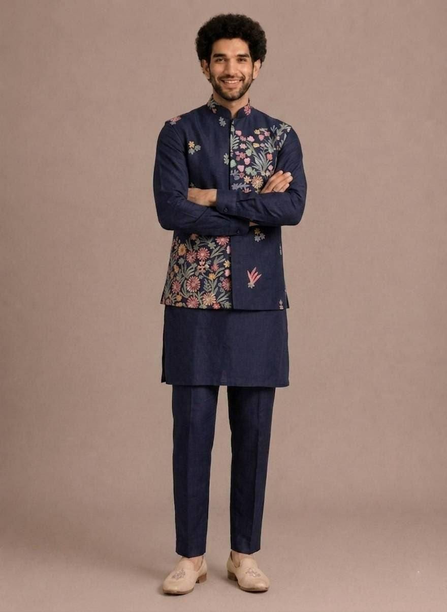 Men's Roman Silk Kurta Pant Set with Embroidered Koti | Festive Ethnic Outfit