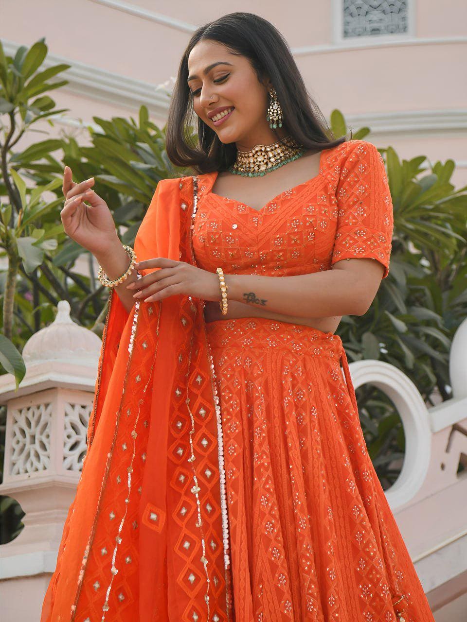 Orange Georgette Lehenga Choli Set | Embroidered Gottapatti, Sequins | Semi-Stitched Outfit, Organza Dupatta