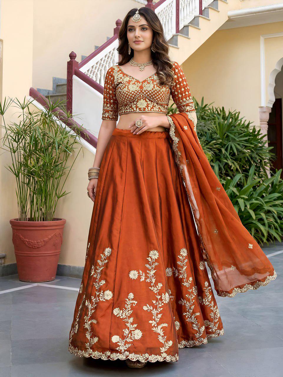 Rust Orange Rangoli Silk Lehenga Choli Set | Zari Dori Sequins Embroidery, Festive Outfit