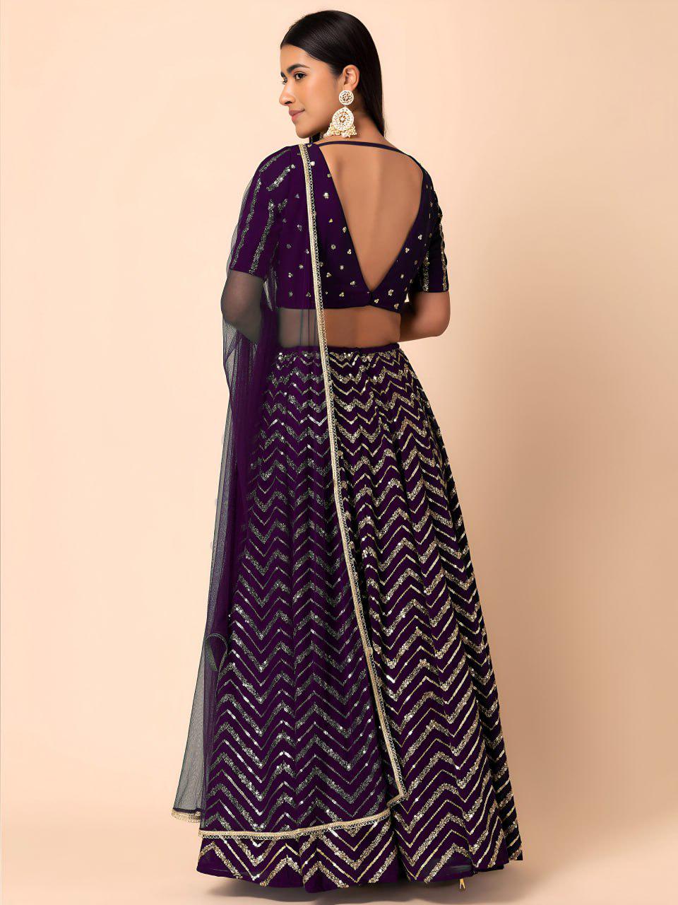 Deep Purple Georgette Lehenga Choli Set | Zari Sequin Embroidered Wedding Party Wear Net Dupatta
