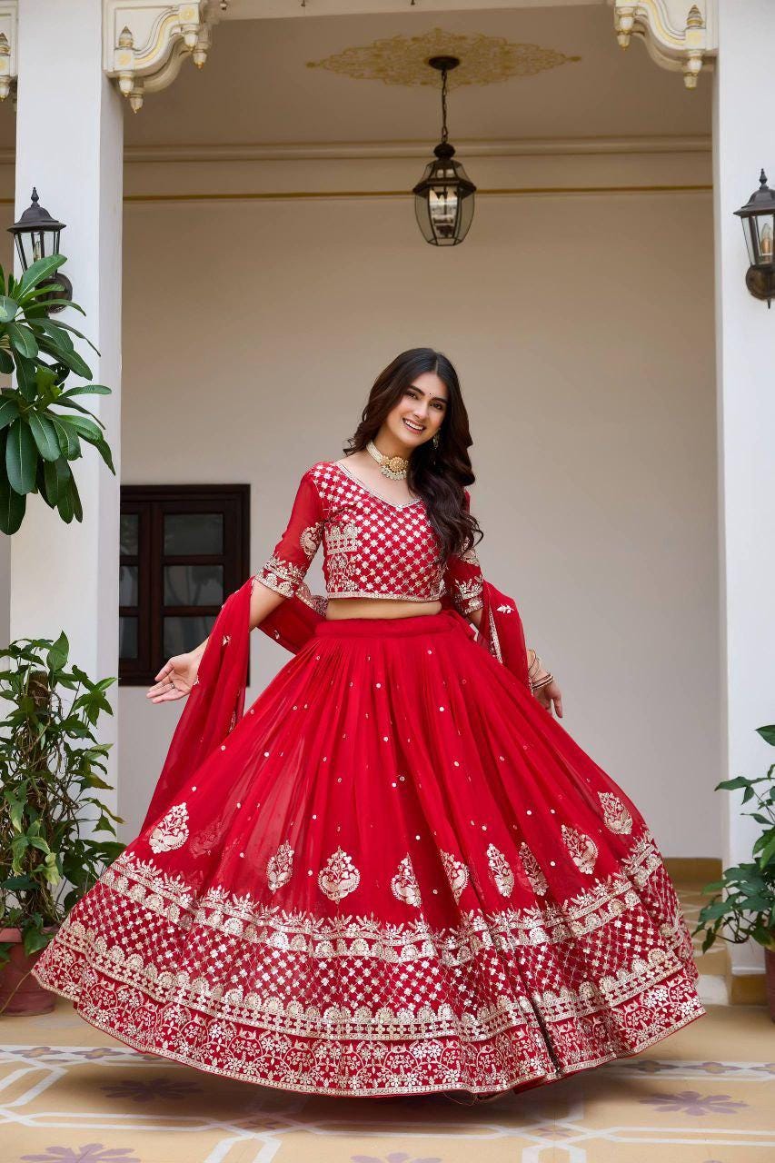 Heavy Fox Georgette Lehenga Choli Set | Red Wedding Party Wear Embroidery Sequin Work