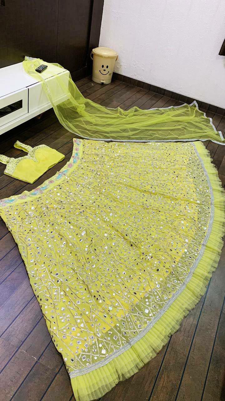 Georgette Lehenga Choli Set, Zari Foil Work, Ruffle Border, Indian Wedding Outfit