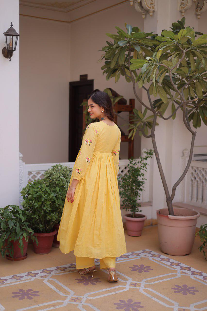 Embroidered Cotton Kurti Pant Set, V Neck Long Sleeve Indian Ethnic Wear