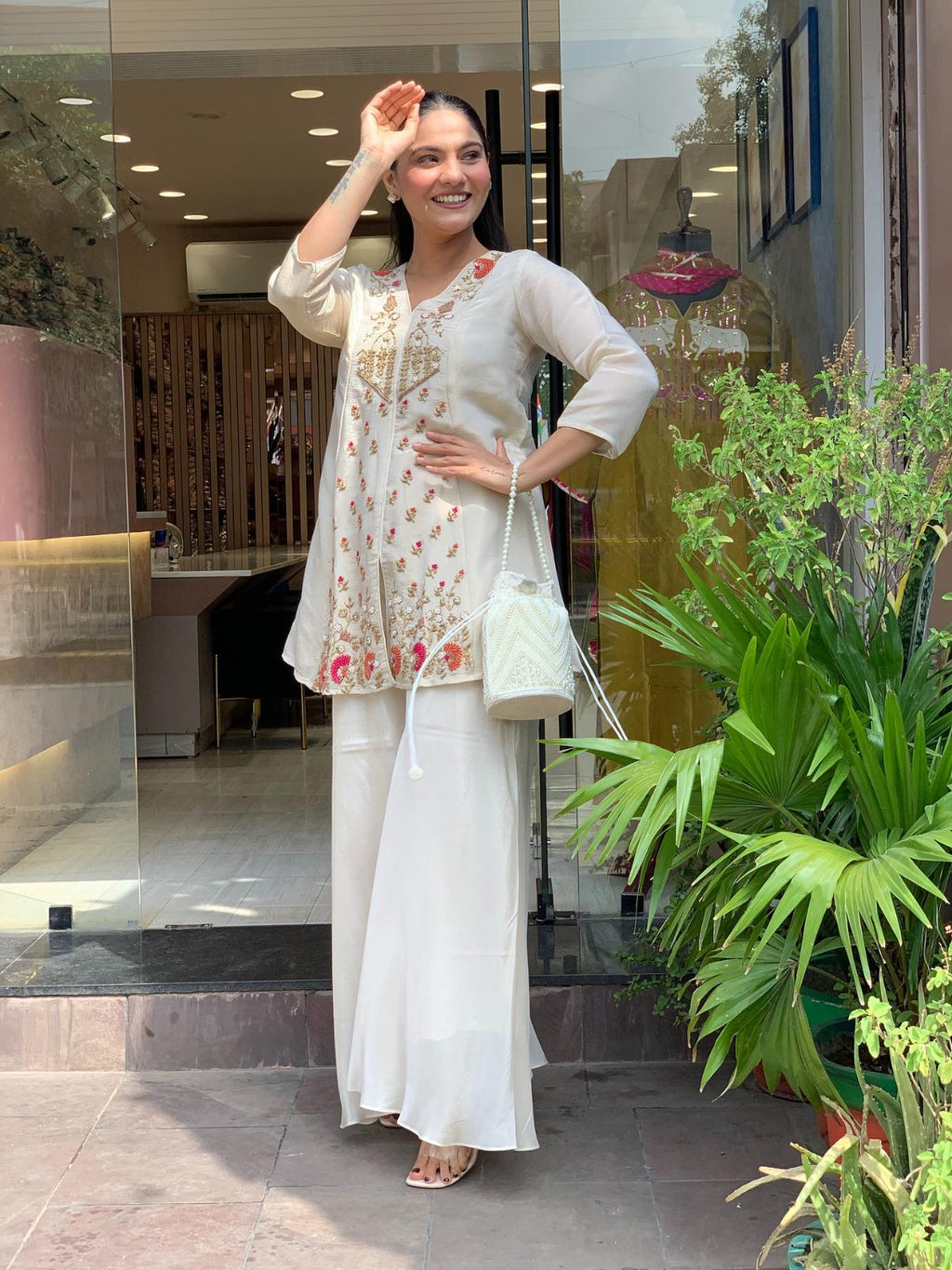 Embroidered Silk Kurti Pant Set, Short Ethnic Co-Ord Outfit, Festive Wear