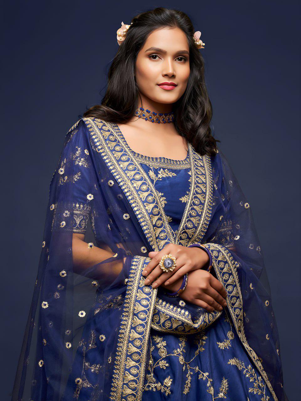 Navy Blue Art Silk Lehenga Choli Set | Zari Dori Sequins Embroidery, Net Dupatta