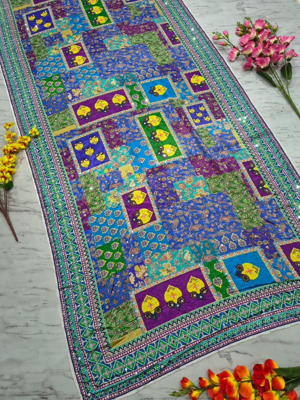 Chinon Silk Saree, Real Mirror Work, Printed Designer, Festive Party Wear (Unstitched Blouse)