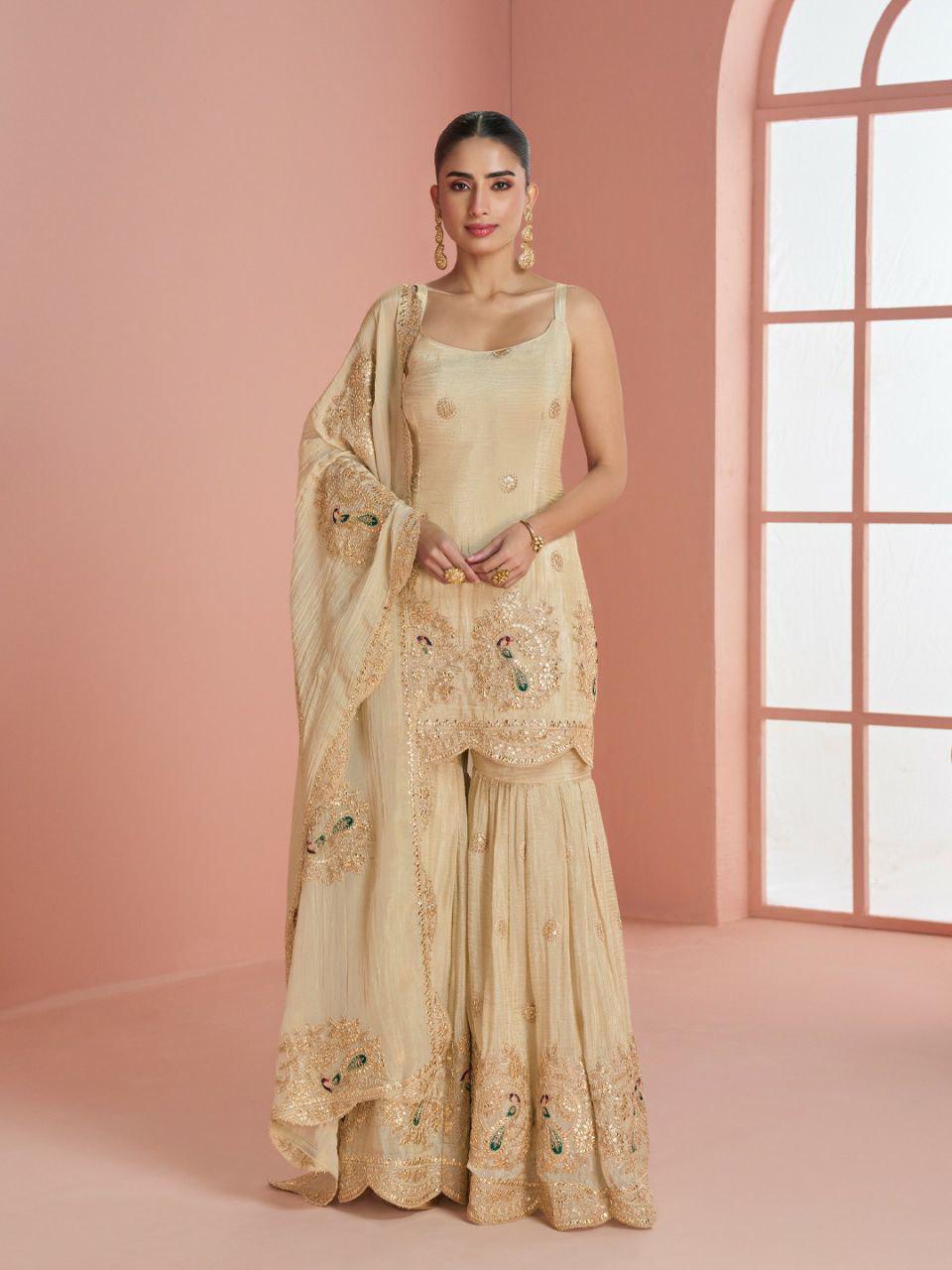 Cream Viscose Crop Top Palazzo Set with Pink Cape, Beads Embroidery Festive Co-Ord