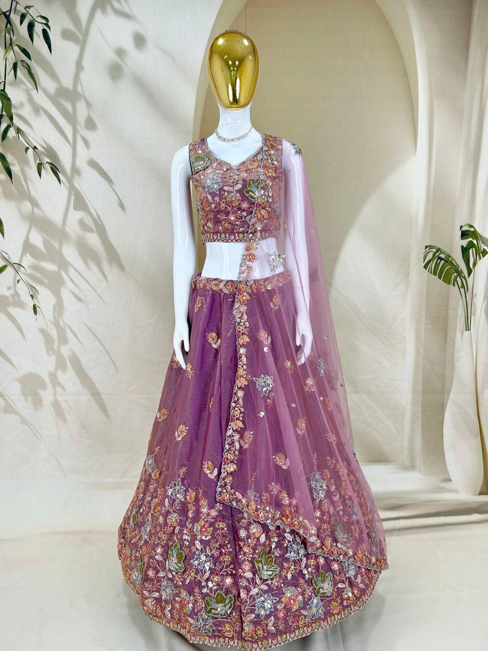 Fandy Lehenga Choli Set, Zari Sequin Embroidery, Semi-Stitched Wedding Wear