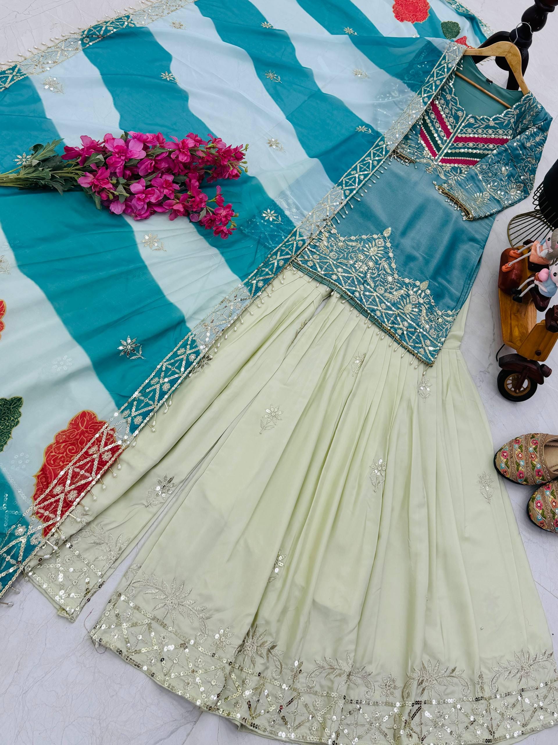 Moss Fendi Embroidered Palazzo Suit Set, Sequins Work Kurta, Organza Dupatta, Festive Wear