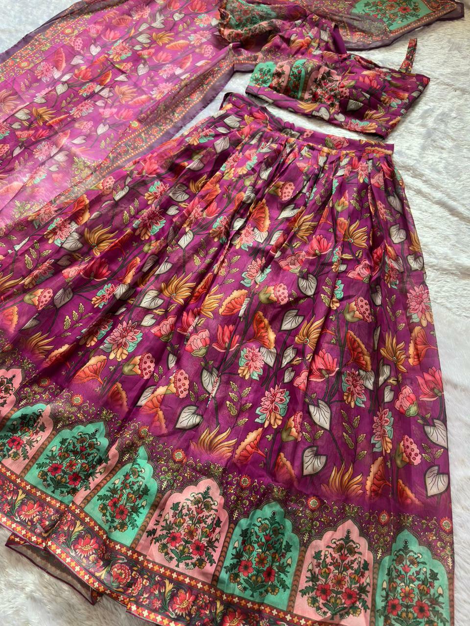 Wine Floral Print Organza Silk Lehenga Choli Set | Padded Blouse, Dupatta