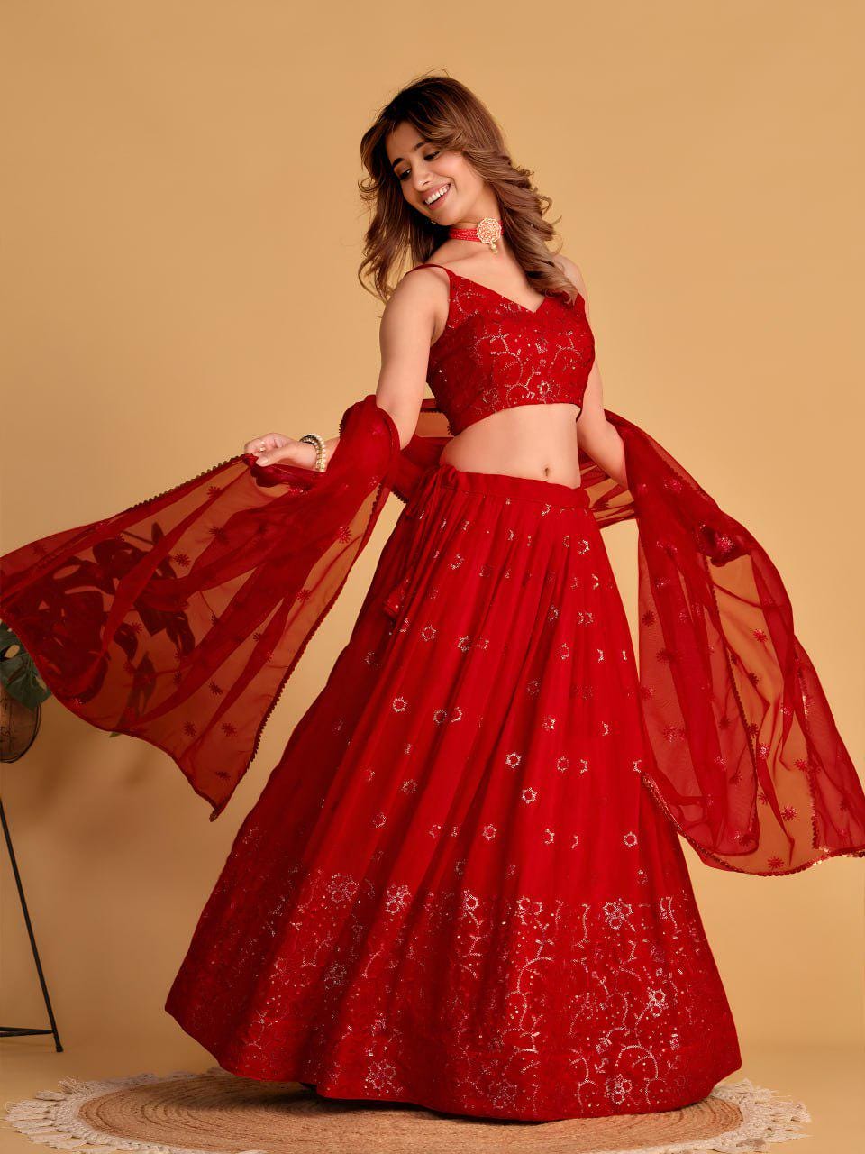 Red Georgette Lehenga Choli Set | Zari Sequin Embroidered Wedding Party Wear (Semi-Stitched)