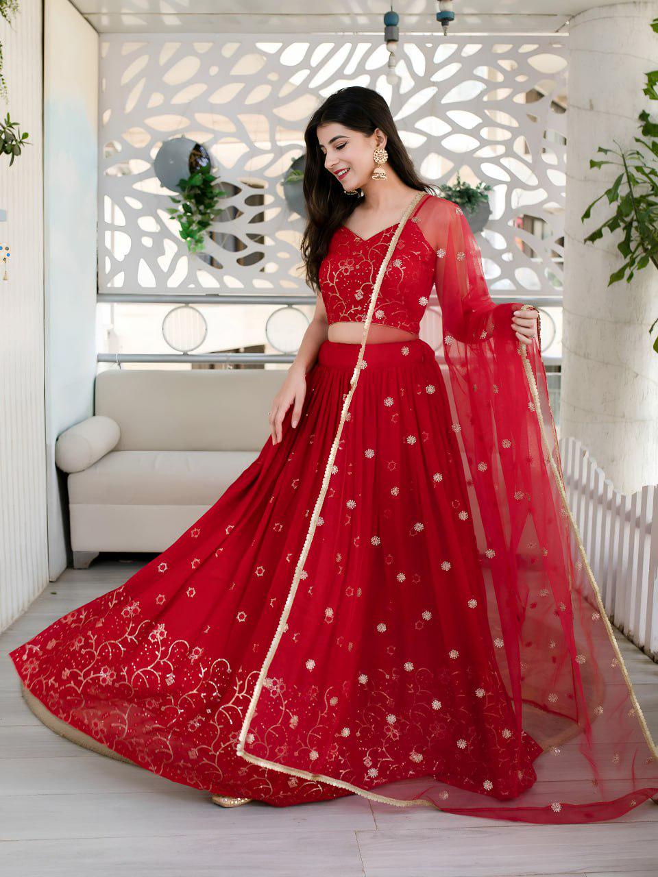 Red Organza Lehenga Choli, Velvet Blouse, Sequins Embroidery Wedding Outfit