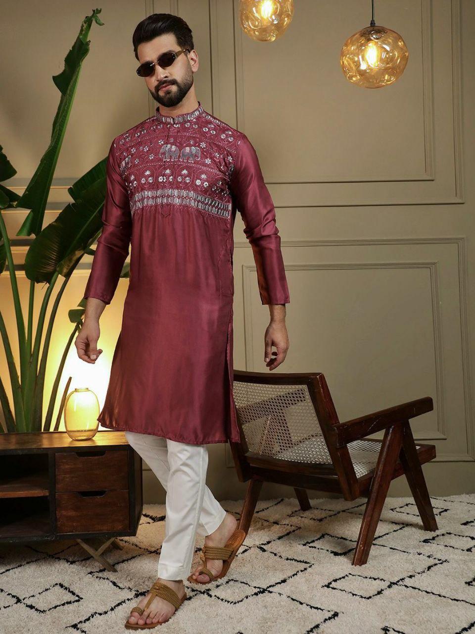 Viscose Silk Embroidered Kurta Set, Multi-Thread Sequins Ethnic Dress