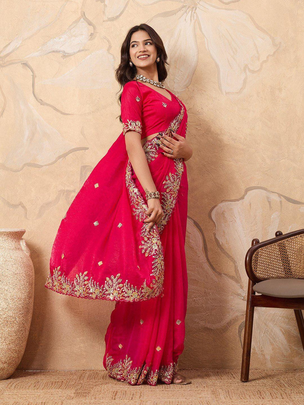 Soft Fendy Chiffon Saree with Embroidered Cutwork Border | Designer Wedding Party Wear Blouse