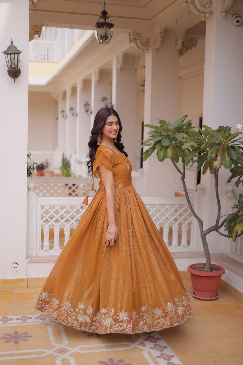 Silver Embroidered Gown, Frill Sleeve Ethnic Party Dress, Flared Anarkali Gown