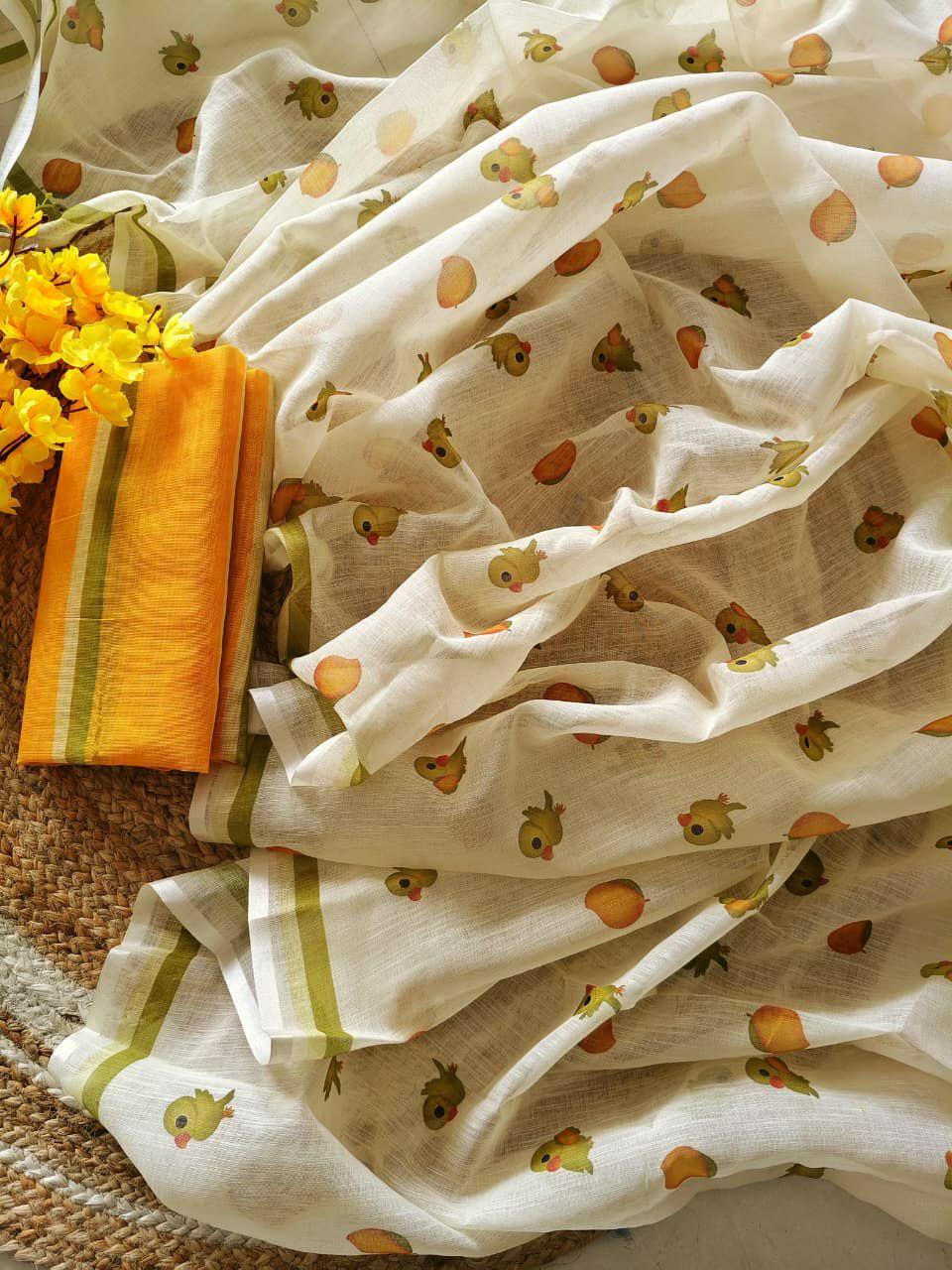 Linen Saree, Mango Parrot Digital Print, Festive Casual Indian Wear, Tassels, Blouse Piece