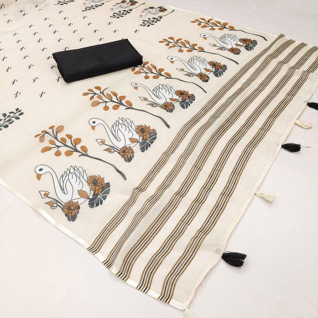 Soft Linen Cotton Printed Saree with Tassel Pallu | Lightweight Indian Saree (Unstitched Blouse Piece)