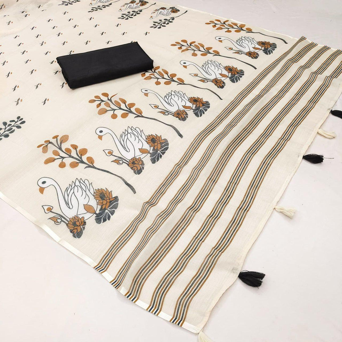 Soft Linen Cotton Printed Saree with Tassel Pallu | Lightweight Indian Saree (Unstitched Blouse Piece)