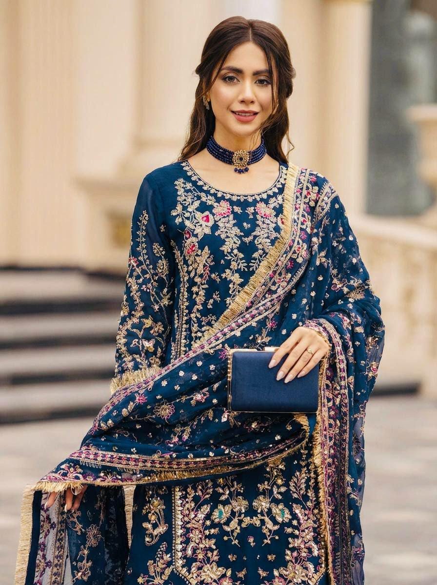 Embroidered Faux Georgette Kurta Palazzo Set with Sequins, Beads Work Ethnic Wear