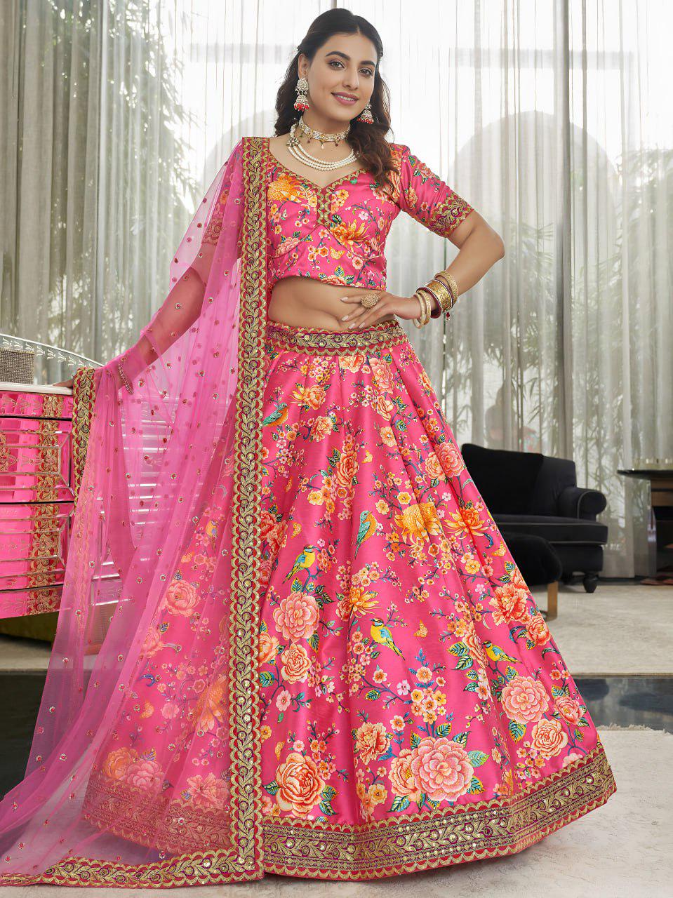 Pink Floral Art Silk Lehenga Choli, Dori Zari Sequins Embroidered Dupatta