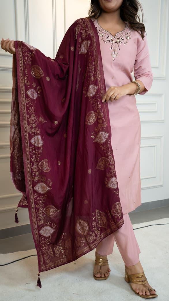 Light Pink Roman Silk Suit Set, Handwork Jacquard Dupatta, Festive Ethnic Wear