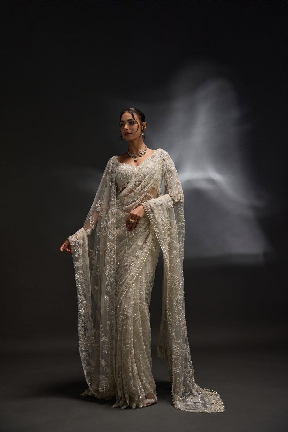 Heavy Sequins Embroidered Mono Net Saree with Pearl Border, Designer Blouse Included