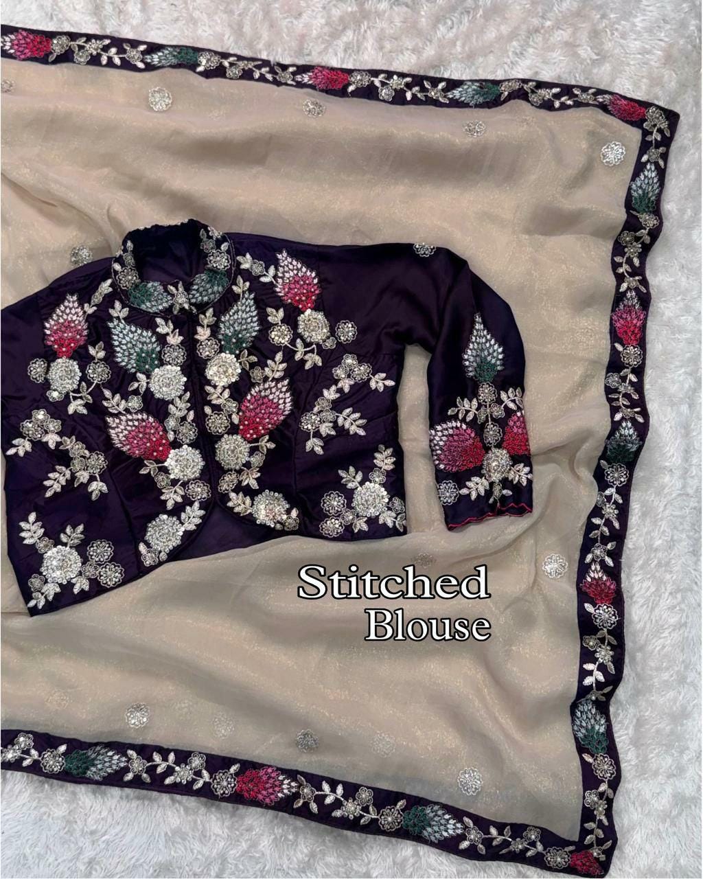 Wine Satin Saree with Sequins, Pearl Work Stitched Blouse, Party Wear Indian Sari