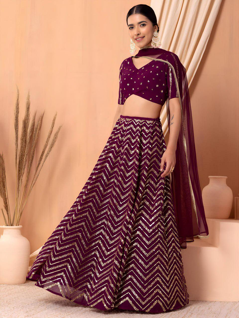 Maroon Georgette Lehenga Choli Set | Sequin Embroidered Semi-Stitched Wedding Party Wear (Dupatta Included)